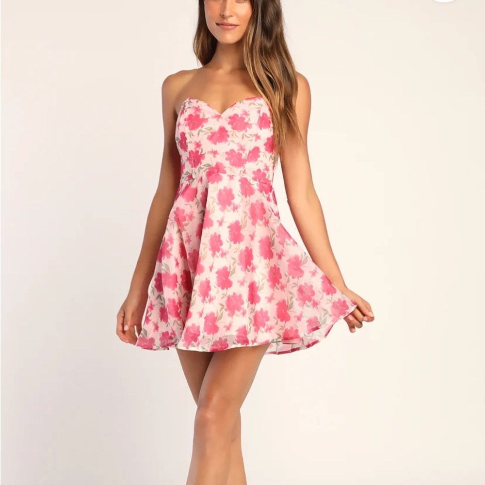 Lulus Attract Admiration Pink Floral Print Strapless A-Line Mini Dress